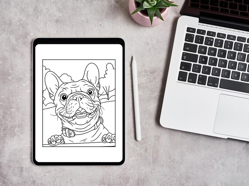 May include: A black and white illustration of a French Bulldog on a tablet. The dog is smiling, with its paws resting on a ledge. A white stylus and a laptop are also visible.