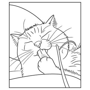 May include: Black and white line art illustration of a cat grooming itself. The cat is licking its paw, with its eyes closed. The image is a simple, cartoon-style drawing.