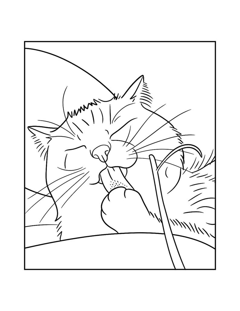 May include: Black and white line art illustration of a cat grooming itself. The cat is licking its paw, with its eyes closed. The image is a simple, cartoon-style drawing.