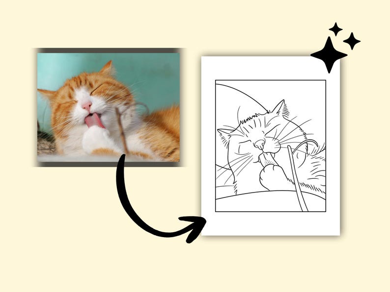 May include: An image featuring a ginger and white cat grooming itself, with a close-up of the cat licking its paw. Next to it is a black and white line drawing of a cat grooming itself with chopsticks.