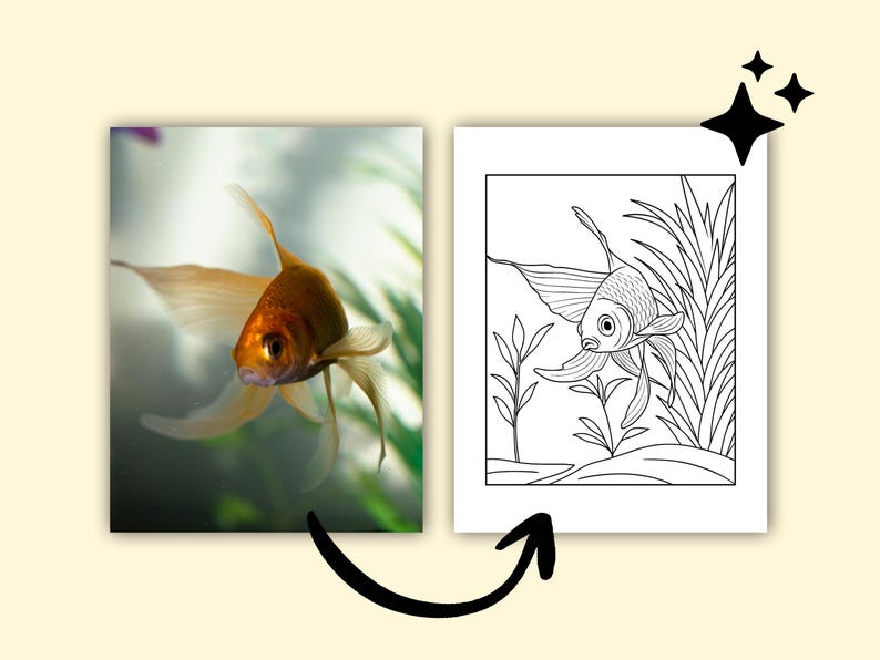 May include: A vibrant image of a goldfish swimming in an aquarium, next to a black and white line drawing of a similar fish. The goldfish is orange with flowing fins. The drawing shows the fish with aquatic plants.