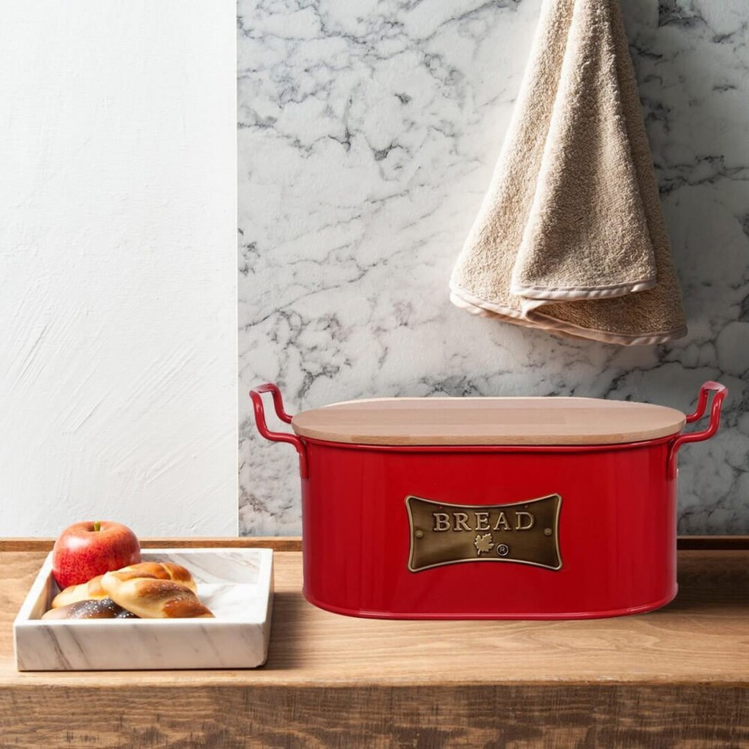 Red Metal Bread Box With Bamboo Lid Bread Storage Bread Etsy