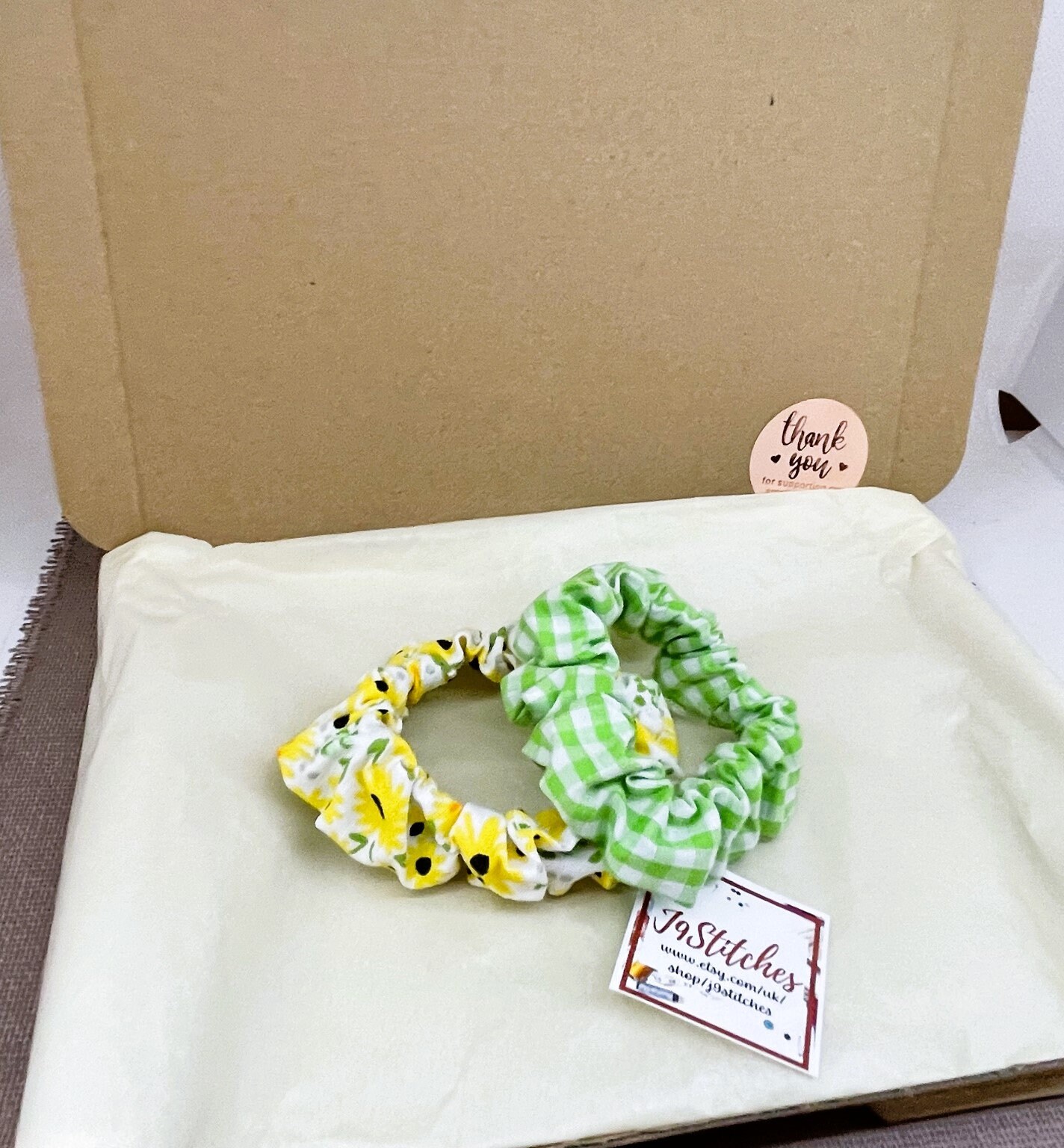 Sunflower & Green Gingham Scrunchie Set – Handmade Cotton Hair