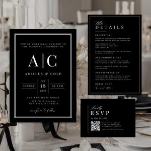 May include: A black wedding invitation suite featuring white text and a double-line border. The main card displays the initials A|C, the names Ariella & Cole, and the date July 18, 2027. Includes a details card and an RSVP card with a QR code.