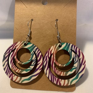 6- Pretty, Colorful Zebra Print on White 2in Round Earrings, Sublimation Wood Earring, Great Gift