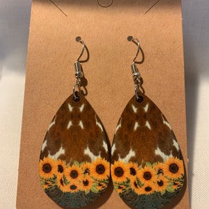3- Cow Print and Sunflower Earrings, Great Gifts, Handmade Sublimation Earrings