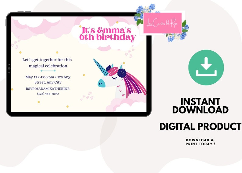 Unicorn Birthday Invitation Card, Instant Digital Download, Unicorn