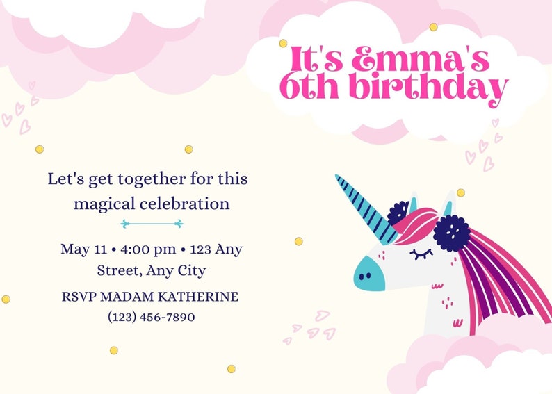 Unicorn Birthday Invitation Card, Instant Digital Download, Unicorn