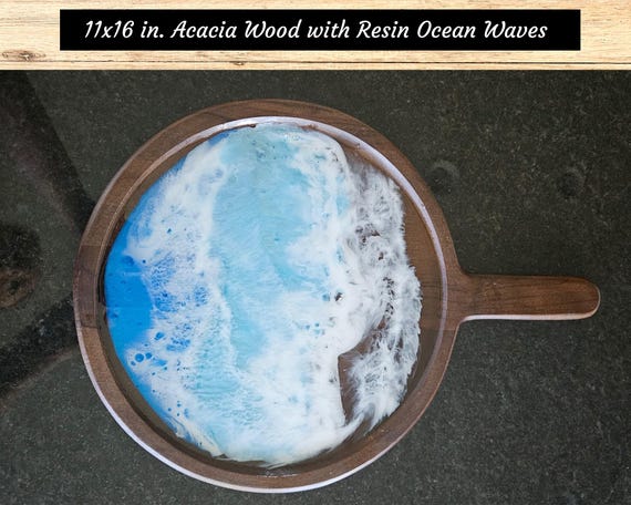 Resin Ocean Wave on wooden Charcuterie Board, wooden serving tray with waves, beach themed wood serving tray, resin sea waves cheese board