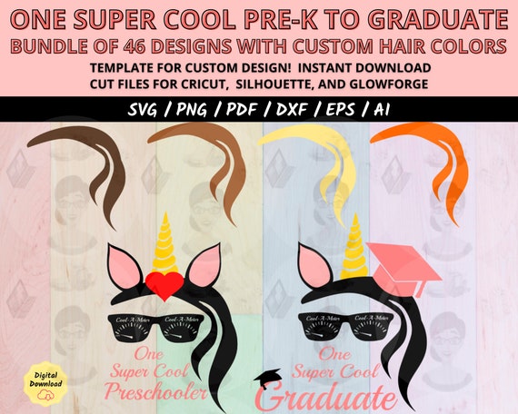 One super cool kid back to school svg bundle, junior high school dxf cut file, 1st 2nd 3rd 4th 5th 6th 12th grade, unicorn sunglasses dude