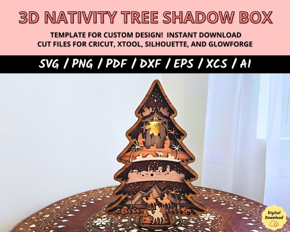 3D Nativity Tree Shadow Box SVG, Wooden Light Box Cut File, Christmas Layered Design for Cricut & Silhouette, Holiday Nativity Scene SVG Art