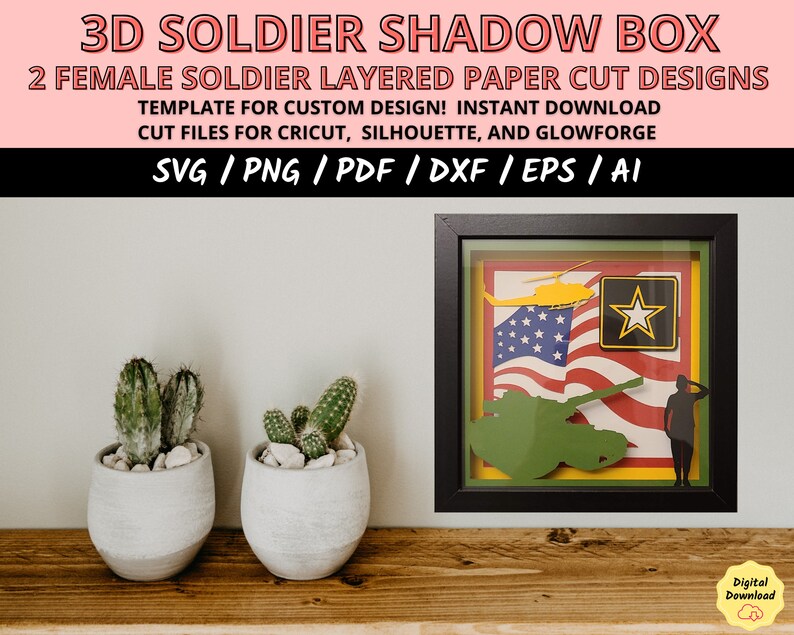 Female veteran svg, military woman svg, army woman svg, Female soldier svg, woman soldier svg, Army svg cricut file, armed forces gift, paper cut light box, 3D light box svg, light box template, gift veteran army, Layered shadow box svg cut file