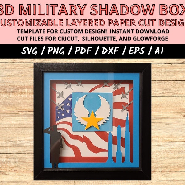 Layered military shadow box, armed forces gift, 3D paper cut light box template, service member shadow box cut file, US armed forces present