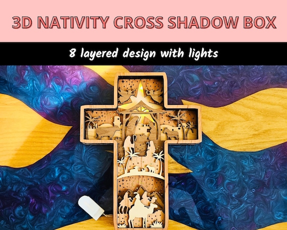 3D Nativity Cross Shadow Box, Wooden Centerpiece Light Box, Christmas Decoration, Religious Home Decor, Holiday Gift for Faith and Family
