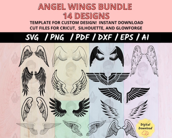 Memorial Angel Wings SVG Bundle, 14 Angel Wing Cut Files, Cricut Silhouette Heaven Wings PNG, Guardian Angel Halo Clipart Vector Pack