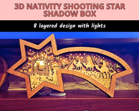 3D Nativity Scene with Shooting Star, Wooden Light Box, Layered Paper Cut Christmas Shadow Box for Home Décor & Holiday Gift