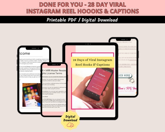 Done for you: 28 Days of Viral Instagram Reel Hooks and Captions ebook, Master Resell Rights MRR, Private Label Rights PLR, digital product