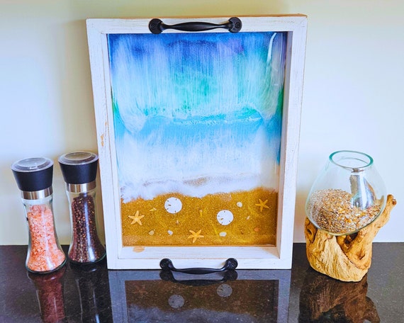 Handmade Ocean Wave Resin Tray with Starfish, Beach Decor Tray, Coastal Home Accent, Nautical Resin Art, Unique Handmade Gift for Beach