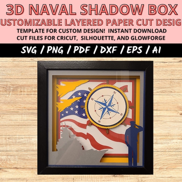 Naval shadow box svg, Naval Destroyer svg, Naval armed forces gift, paper cut light box template, gift veteran Naval, layered 3D Shadow Box