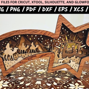 Natività Shadowbox Svg Download digitale Design natalizio Scena a strati File di taglio Taglio laser Lightbox in legno Stella Betlemme Nascita Cristo