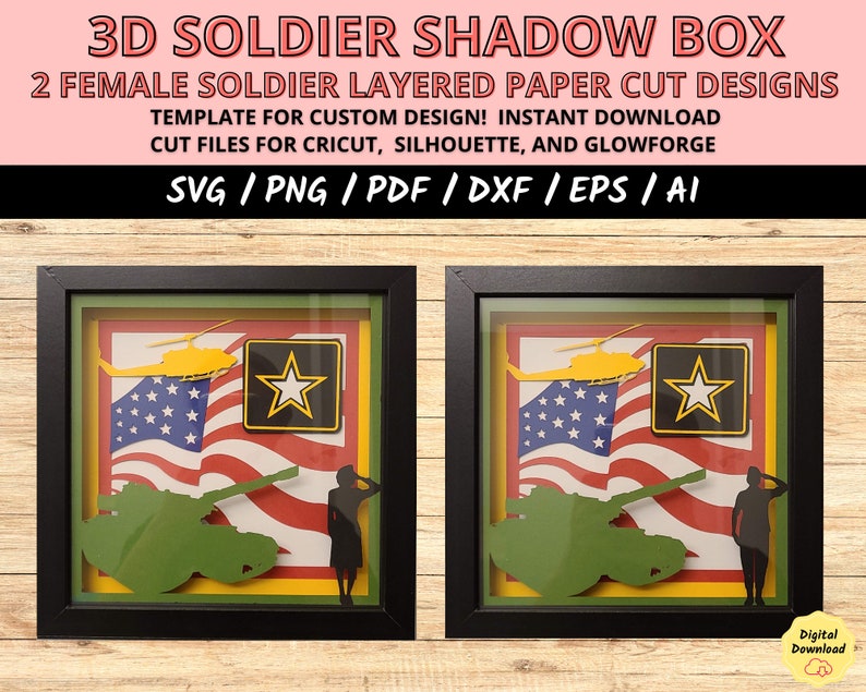 Female veteran svg, military woman svg, army woman svg, Female soldier svg, woman soldier svg, Army svg cricut file, armed forces gift, paper cut light box, 3D light box svg, light box template, gift veteran army, Layered shadow box svg cut file