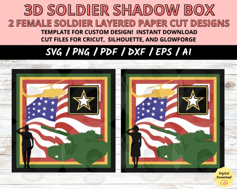 Female veteran svg, military woman svg, army woman svg, Female soldier svg, woman soldier svg, Army svg cricut file, armed forces gift, paper cut light box, 3D light box svg, light box template, gift veteran army, Layered shadow box svg cut file