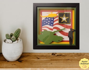 DIY Military Shadow Box Svg Template Design File for Cricut Army Light Paper Cutting Soldier Silhouette Gift Veteran Appreciation Patriotic
