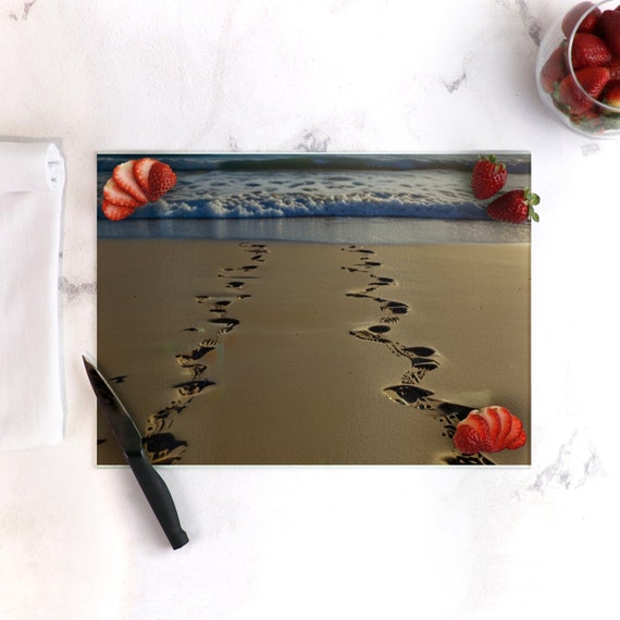 Ocean Waves Glass Cutting Board with Beach Footprint Design, Coastal Charcuterie Serving Tray, Durable Kitchen Decor Gift for Beach Lovers