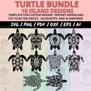 Tribal Turtle SVG Bundle, Polynesian Sea Turtle Cut Files for Cricut Silhouette, Ocean Animal Clipart PNG, Hawaiian Beach Vector Art Pack