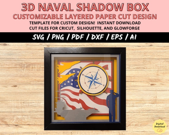 Naval shadow box svg, aircraft carrier svg, armed forces gift, paper cut light box svg template, gift veteran Naval, 3D layered shadow box