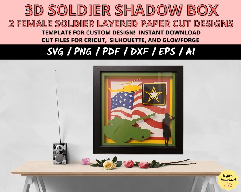 Female veteran svg, military woman svg, army woman svg, Female soldier svg, woman soldier svg, Army svg cricut file, armed forces gift, paper cut light box, 3D light box svg, light box template, gift veteran army, Layered shadow box svg cut file