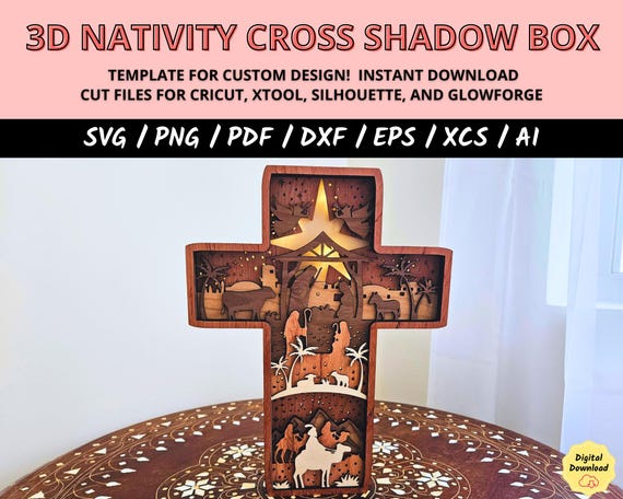 3D Nativity Cross Shadow Box SVG, Wooden Light Box Cut File, Religious Christmas Decor, Paper Craft Template for Cricut and Silhouette