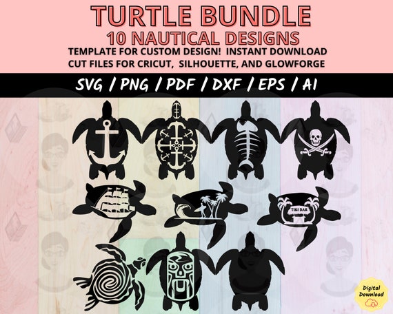 Nautical Sea Turtle SVG Bundle, Island Tortoise SVG, Ocean Beach Summer Cut Files, Cricut Silhouette Tropical Animal Clipart PNG Design