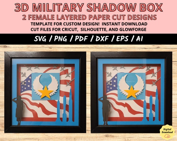 US Military Woman SVG, Layered Shadow Box Template, Female Soldier Paper Cut Files for Cricut, Silhouette, and Light Box Crafts