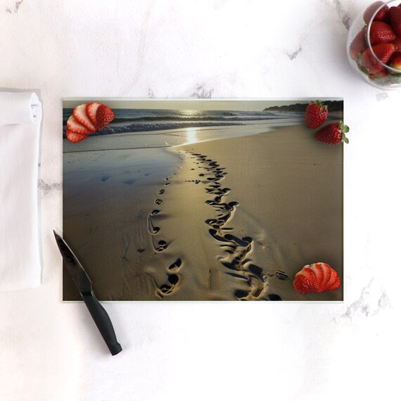 Ocean Waves Glass Cutting Board, Beach footprint Charcuterie board, Sea wave carving board, sea serving board, Tempered Glass cutting board
