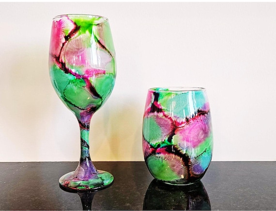 Hand Poured Resin Stained Glass Wine Glasses, Christmas Wine Glass Set, Festive Holiday Drinkware & Unique Hostess Gift