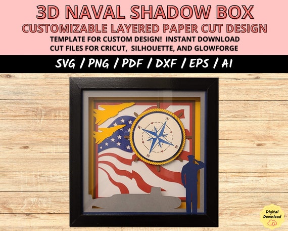 Nautical Naval Shadow Box SVG, Submarine Light Box Cut File, Layered Military Design for Cricut & Silhouette, 3D Paper Craft, Shadow Box SVG