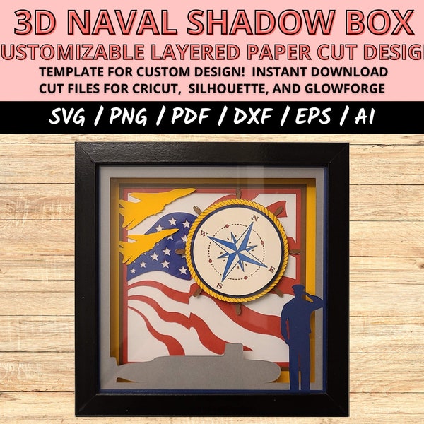 Naval shadow box svg, Submarine light box, Naval armed forces gift, paper cut light box template, gift veteran Naval, layered 3D Shadow Box