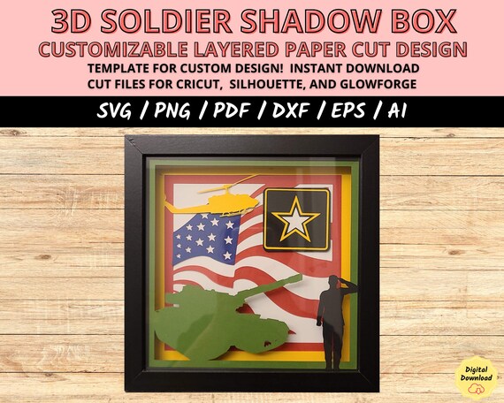 Military Light Box svg, soldier paper cut SVG, Saluting Soldier svg, Soldier shadow box, US soldier svg cricut file, armed forces gift