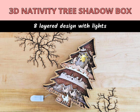 3D Nativity Tree Shadow box, Wooden Centerpiece Light box, Layered Natural Wood Nativity Scene Ornament with lights, Christmas home Decor