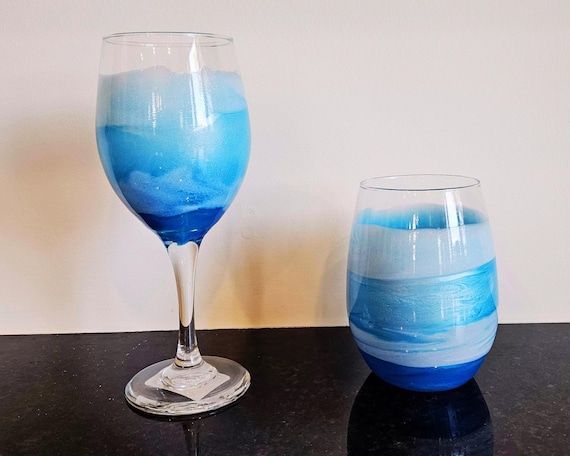 Handcrafted Ocean Wave Wine Glasses, Hand Poured Resin Coastal Barware, Nautical Drinkware for Beach Lovers & Coastal Homes, Drinkware Gifts