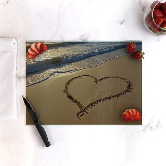 Ocean Waves Tempered Glass Cutting Board, Beach sand heart Charcuterie board, Sea wave and heart carving board, shoreline wave serving board