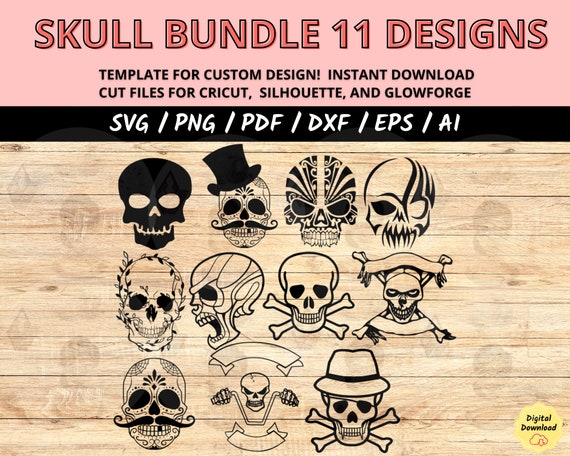Pirate Skull DXF Glowforge Cut Files, Pirate Skull SVG Bundle, Cricut Silhouette Buccaneer Head PNG, Jolly Roger Vector Clipart Designs