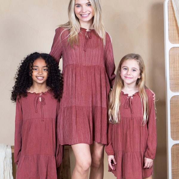 Mommy and Me Matching Dresses - Pleats Print Long Sleeve Tiered Ruffle Hem Pocket Tunic Dress for Family Photoshoot, Gift Ideas