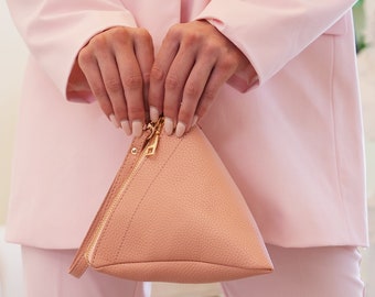 Triangle Bag Wristlet Clutch - Makeup Pouch Organizer Geometric Vegan Faux Leather Pyramid Purse Novelty Gift