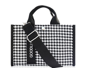 Tote Bag for Women Canvas Structured Purse - Cute Small Shoulder Crossbody Strap Casual Fabric Houndstooth Handbag
