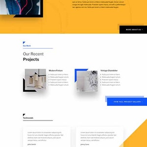 May include: Website screenshot showing a business's services and recent projects. The website features a yellow background with a black and white image of a person holding a multimeter. The website also features a section for testimonials and a contact form.