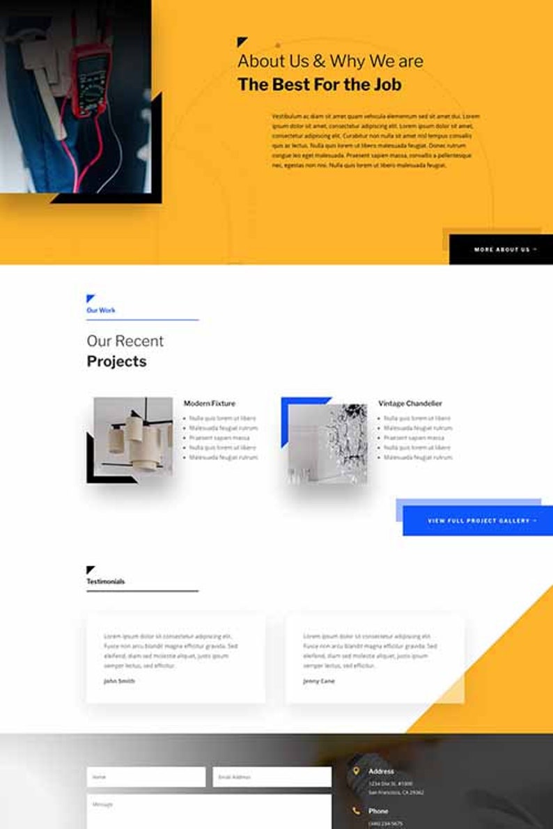 May include: Website screenshot showing a business's services and recent projects. The website features a yellow background with a black and white image of a person holding a multimeter. The website also features a section for testimonials and a contact form.