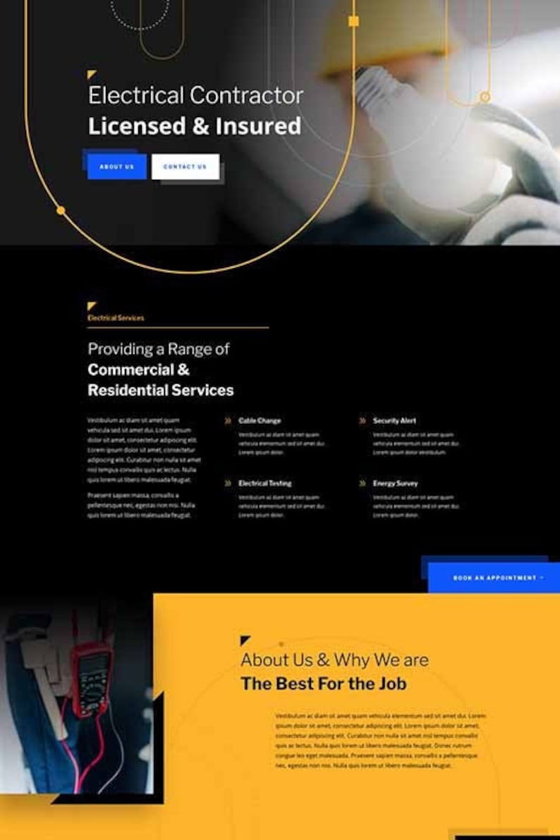 May include: A website for an electrical contractor. The website features a black and yellow color scheme with a photo of a person holding a light bulb. The text on the website reads "Electrical Contractor Licensed & Insured" and "Providing a Range of Commercial & Residential Services".