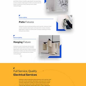 May include: A website for electrical services with images of different types of light fixtures, including a chandelier, patio fixtures, and hanging fixtures. The website offers both residential and commercial services.